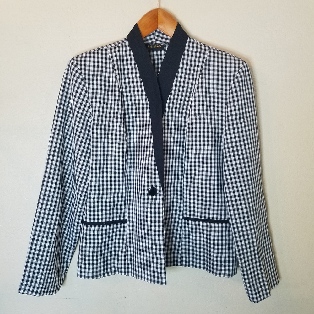 Vintage 80s Working Women Checkerboard Plaid Blazer Black/White Shoulder Pads.